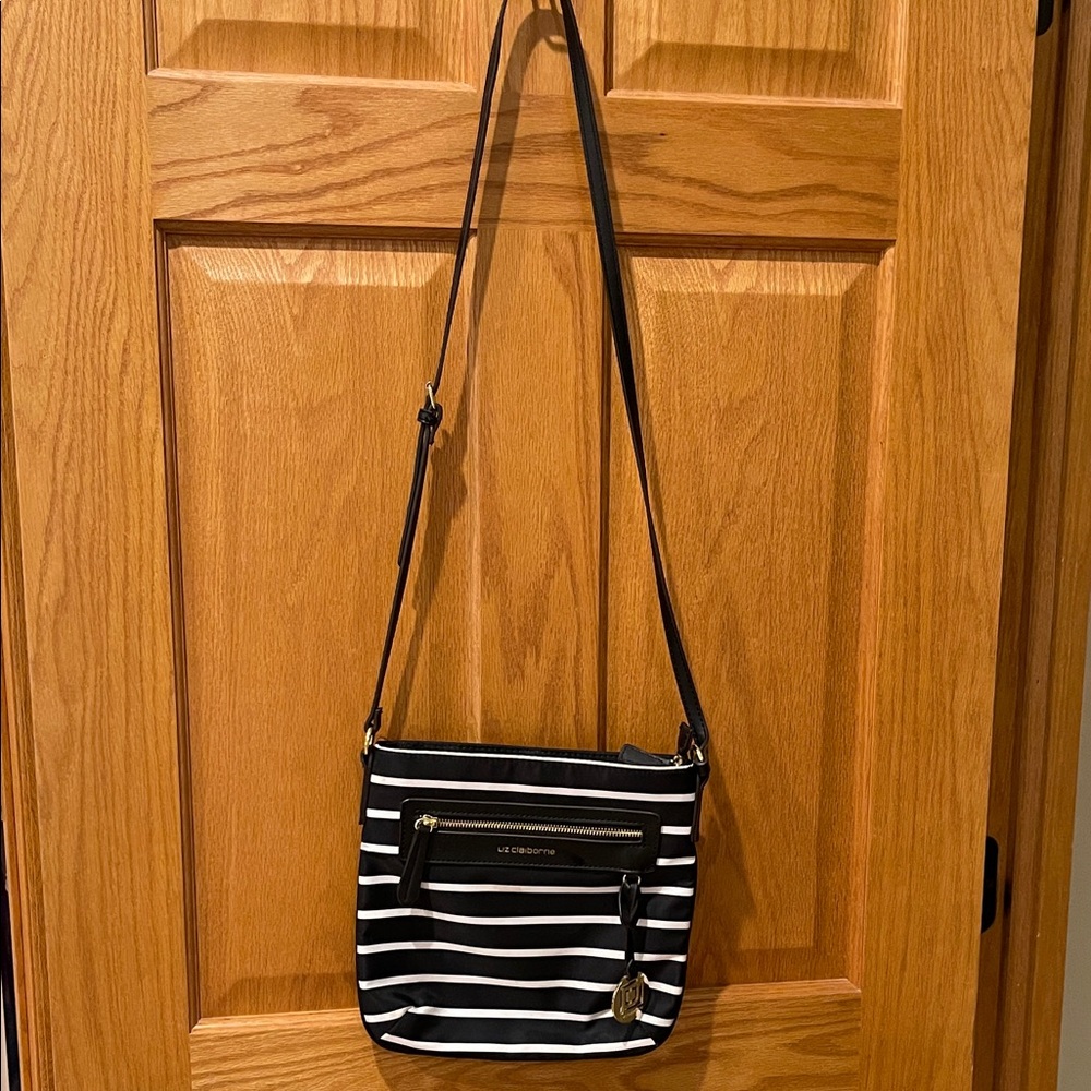 Liz Claiborne Black and White Striped Crossbody bag with gold hardware
